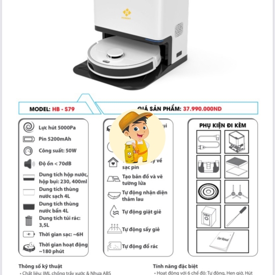 Robot hút bụi lau nhà tự động giặt giẻ sấy khô, diệt khuẩn Hubert HB-S79 - Của Đức